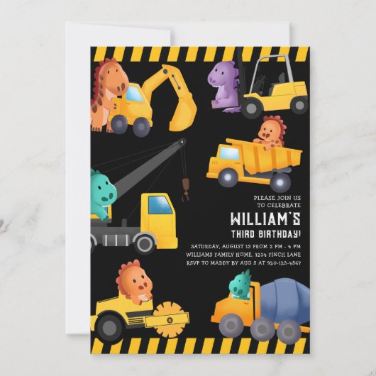 Invitation Chariots de construction fête d'anniversaire (Devant)