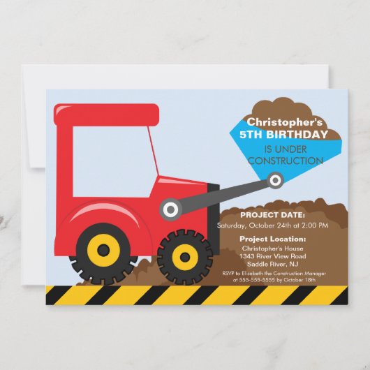 Invitation Chariots de construction Fête d'anniversaire pour (Devant)