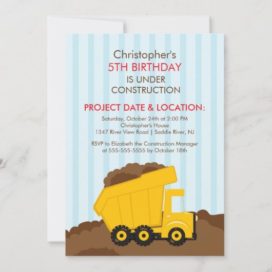 Invitation Chariots de construction Fête d'anniversaire pour (Devant)