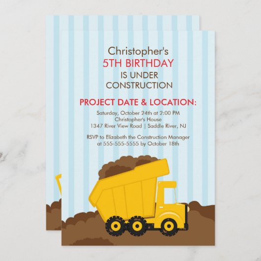 Invitation Chariots de construction Fête d'anniversaire pour  (Devant / Derrière)