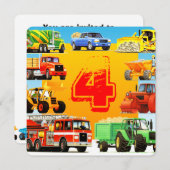 Invitation Chariots de construction Fête du 4e anniversaire d (Devant / Derrière)