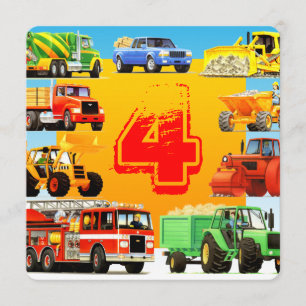 Invitation Chariots de construction Fête du 4e anniversaire d