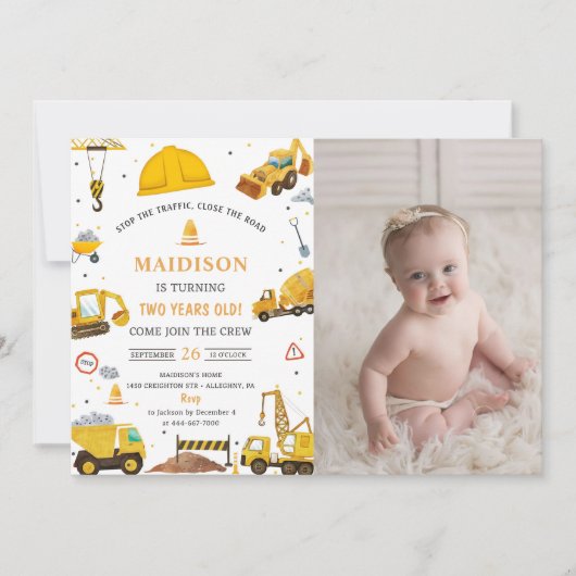 Invitation Chariots de construction Thème Anniversaire de la  (Devant)