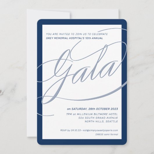 Invitation CHARITY GALA élégante calligraphie formelle bleu m (Devant)