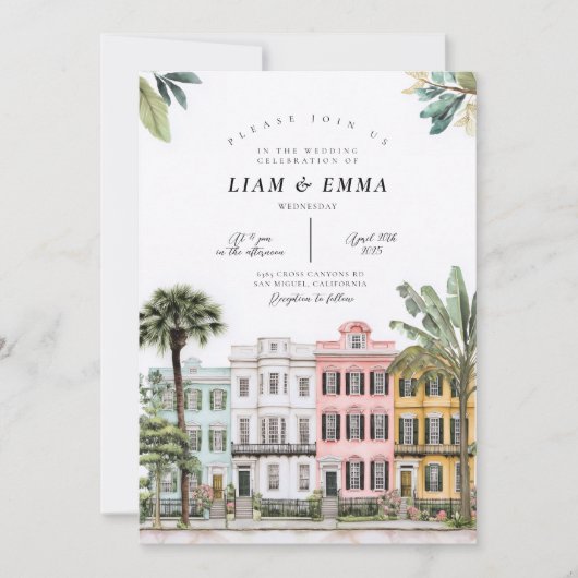 Invitation Charleston Aquarelle Rainbow Row (Devant)