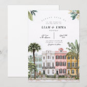 Invitation Charleston Aquarelle Rainbow Row (Devant / Derrière)