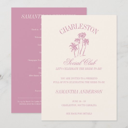 Invitation Charleston Bachelorette Week-end Pink Social Club (Devant / Derrière)