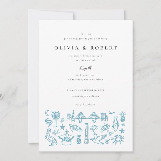 Invitation Charleston Toile Frontière en Blue Engagement Part (Devant)