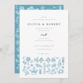 Invitation Charleston Toile Frontière en Blue Engagement Part (Devant / Derrière)
