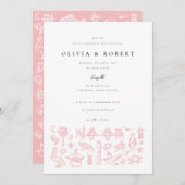 Invitation Charleston Toile Frontière en Pink Engagement (Devant / Derrière)