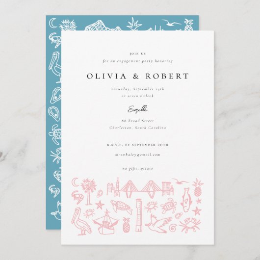 Invitation Charleston Toile Frontière en Pink Engagement (Devant / Derrière)