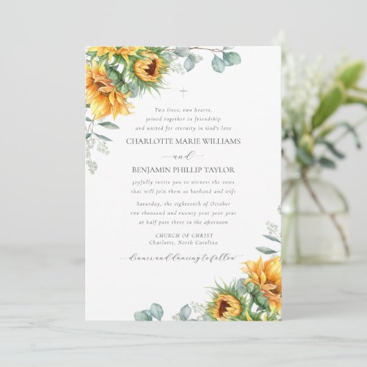Invitation Charlotte Rustic Sunflowers Mariage chrétien (Debout devant)