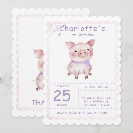 Invitation Charlotte's Web Birthday Party (Devant / Derrière)