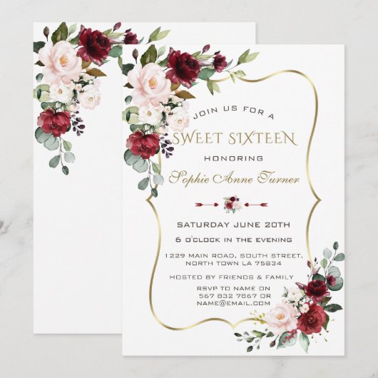 Invitation Charm Aquarelle Blush Floral Gold Frame Sweet 16 (Devant / Derrière)