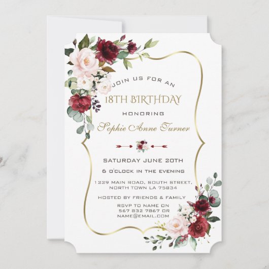 Invitation Charm Aquarelle Blush Floral Gold Frame Sweet 16 (Devant)