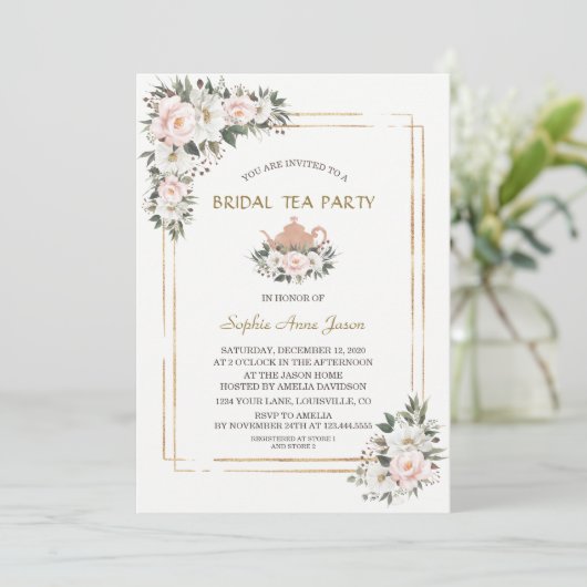 Invitation Charm Blanc Fleurs de Blush Gold Bridal Tea Party (Debout devant)