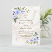 Invitation Charm Bleu Fleurs Or Parties scintillant Marbre Ga (Debout devant)