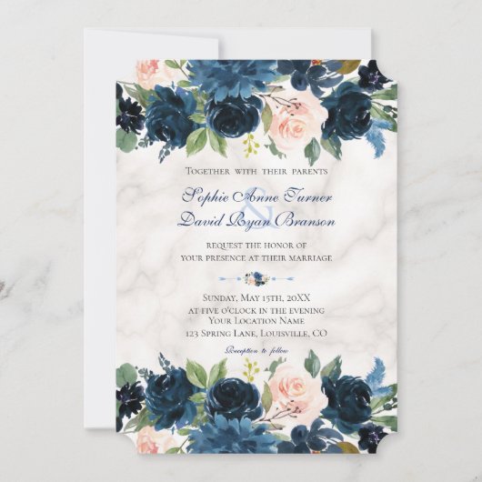 Invitation Charm bleu marine Floral Fleur Marbre Mariage (Devant)