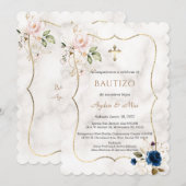 Invitation Charm Blue rose Floral Rose Gold Twins Baptême (Devant / Derrière)