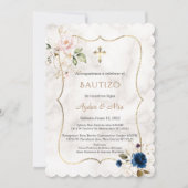Invitation Charm Blue rose Floral Rose Gold Twins Baptême (Devant)