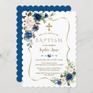 Invitation Charm Blush Classic Blue Flowers Gold Girl Baptême