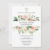 Invitation Charm Blush Fleurs blanches Croix d'or Fille Baptê (Devant)