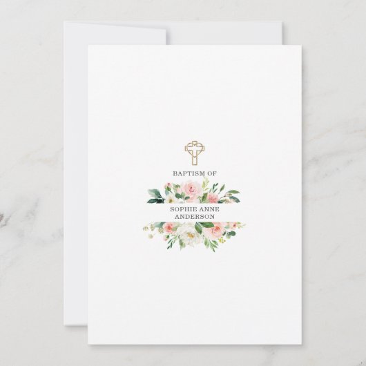 Invitation Charm Blush Fleurs blanches Croix d'or Fille Baptê (Dos)