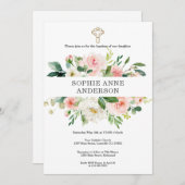 Invitation Charm Blush Fleurs blanches Croix d'or Fille Baptê (Devant / Derrière)