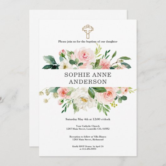 Invitation Charm Blush Fleurs blanches Croix d'or Fille Baptê (Devant / Derrière)