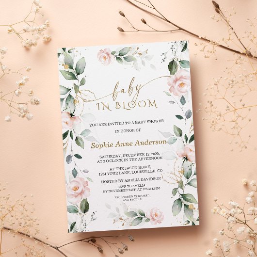 Invitation Charm Blush Flowers Feuilles d'or Baby in Bloom