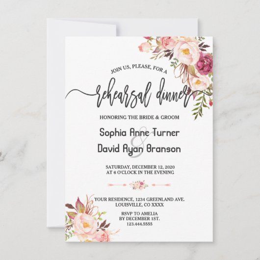 Invitation Charm Blush Red Pink Floral Dîner de répétition (Devant)