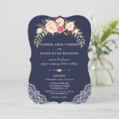 Invitation Charm Blush rose Fleurs dentelle Mariage Marine (Debout devant)