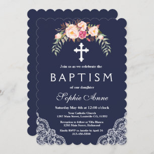 Invitation Charm Blush rose Fleurs dentelle Marine Baptême