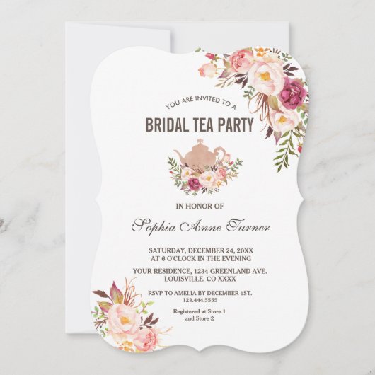 Invitation Charm Blush Rose Floral Fête des mariées Tea Party (Devant)