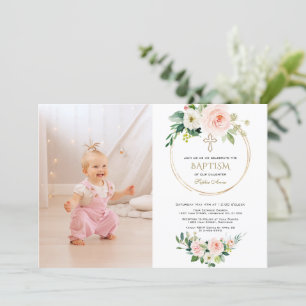Invitation Charm Blush rose Floral Gold Girl Photo Baptême