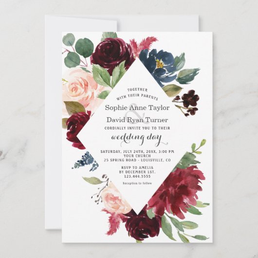Invitation Charm Burgundy Navy Blue Blush Floral Mariage (Devant)