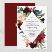 Invitation Charm Burgundy Navy Blue Blush Floral Mariage (Devant / Derrière)