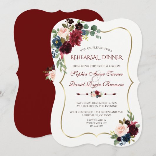 Invitation Charm Burgundy Navy Blue Floral Rehearer Dîner (Devant / Derrière)