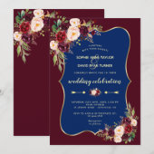 Invitation Charm Burgundy Navy Blue Gold Floral Mariage (Devant / Derrière)
