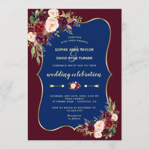 Invitation Charm Burgundy Navy Blue Gold Floral Mariage