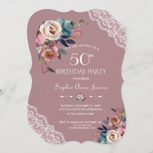 Invitation Charm Dusty Blue Dusty Rose Fleurs 50e anniversair (Devant / Derrière)