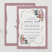 Invitation Charm Dusty Blue Flowers Misty Rose Gold Mariage (Devant / Derrière)