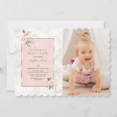 Invitation Charm Fleurs Roses Gold Girl Photo Baptême (Devant)