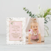 Invitation Charm Fleurs Roses Gold Girl Photo Baptême (Debout devant)
