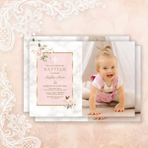 Invitation Charm Fleurs Roses Gold Girl Photo Baptême