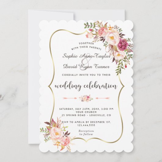 Invitation Charm Gold Blush rose Mariage floral (Devant)