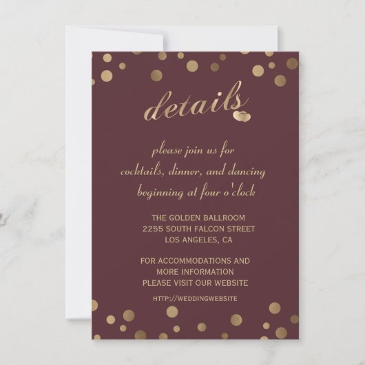 Invitation Charm Gold Confetti Bourgogne Détails du Mariage (Devant)