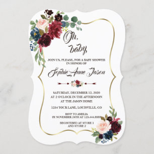 Invitation Charm Gold Merlot Marine Blue Floral Baby shower