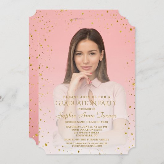 Invitation Charm Gold Sparkle Confetti Photo Graduation Party (Devant / Derrière)
