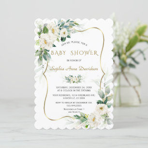 Invitation Charm Ivory White Flowers Gold Baby shower